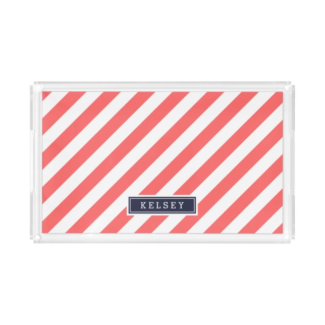 Coral and Navy Preppy Stripes Monogram Acrylic Tray (Front)