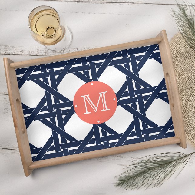 Coral and Navy Rattan Basketweave Monogram Serving Tray (Creator Uploaded)