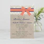 Coral and Navy Ribbon Rustic Bridal Shower Invitation (Standing Front)
