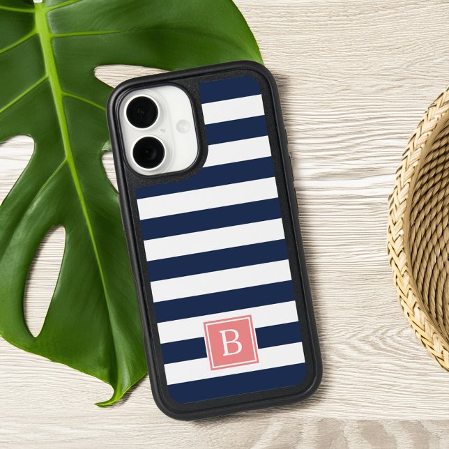 Coral and Navy Stripe Monogram Otterbox iPhone Case (Creator Uploaded)