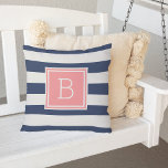 Coral and Navy Stripe Monogram Outdoor Outdoor Pillow<br><div class="desc">Add bold, modern style to your patio, deck or pool with our monogrammed outdoor throw pillow in a classic preppy color palette of coral and navy. Design features wide navy blue and white horizontal stripes on both sides, with your single initial monogram on the front in vibrant, summery coral peach....</div>
