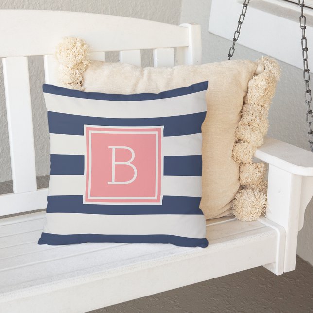 Coral and Navy Stripe Monogram Outdoor Outdoor Pillow (Creator Uploaded)