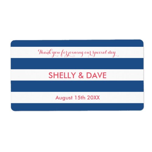 Coral and navy striped wedding water bottle labels