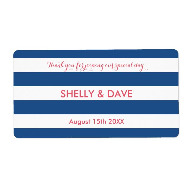 Coral and navy striped wedding water bottle labels (Front)