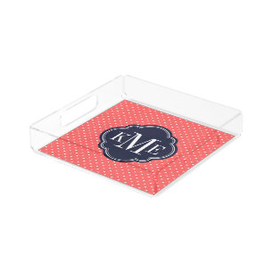Coral and Navy Tiny Dots Monogram Acrylic Tray