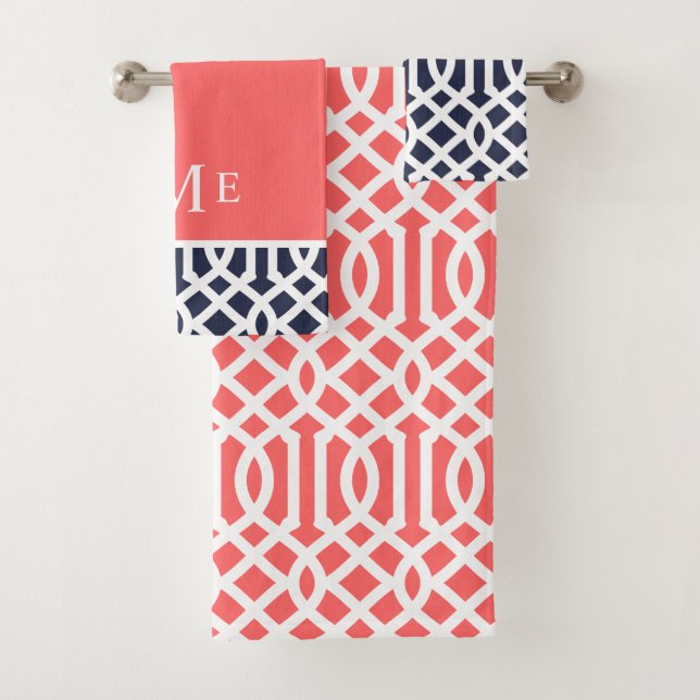 Coral and Navy Trellis Monogram Bath Towel Set (Insitu)