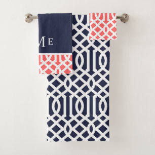 Coral and Navy Trellis Monogram Bath Towel Set
