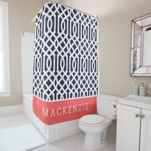 Coral and Navy Trellis Monogram Shower Curtain (In Situ)
