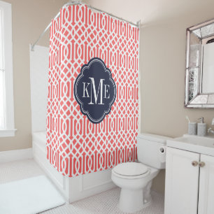 Coral and Navy Trellis Monogram Shower Curtain