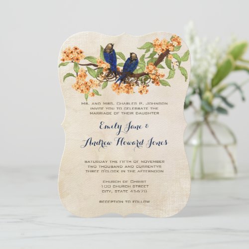 Coral and Navy Vintage Love Birds Tea Stain Invitation