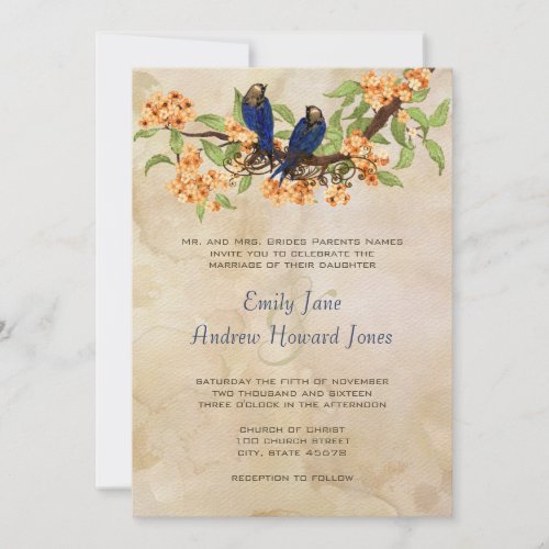 Coral and Navy Vintage Love Birds Tea Stain Invitation