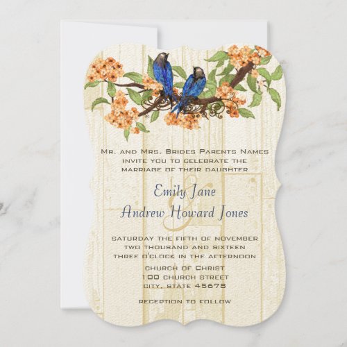 Coral and Navy Vintage Love Birds Tea Stain Invitation