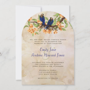 Coral and Navy Vintage Love Birds Tea Stain Invitation