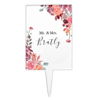 Coral And Peach Watercolor Floral Wedding Cake Topper
