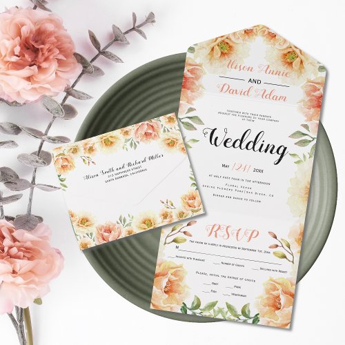 Coral and peach watercolor flowers wedding all in one invitation