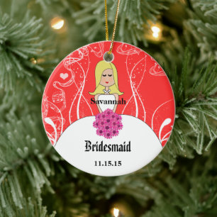 Coral and Pink Blonde Bridesmaid Gown Wedding Ceramic Ornament