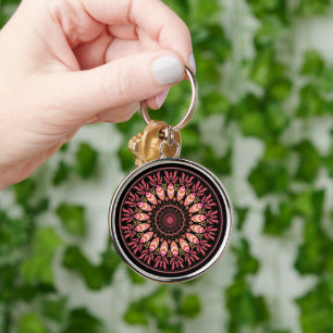 Coral And Pink Feather Mandala Keychain
