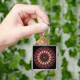 Coral And Pink Feather Mandala Keychain