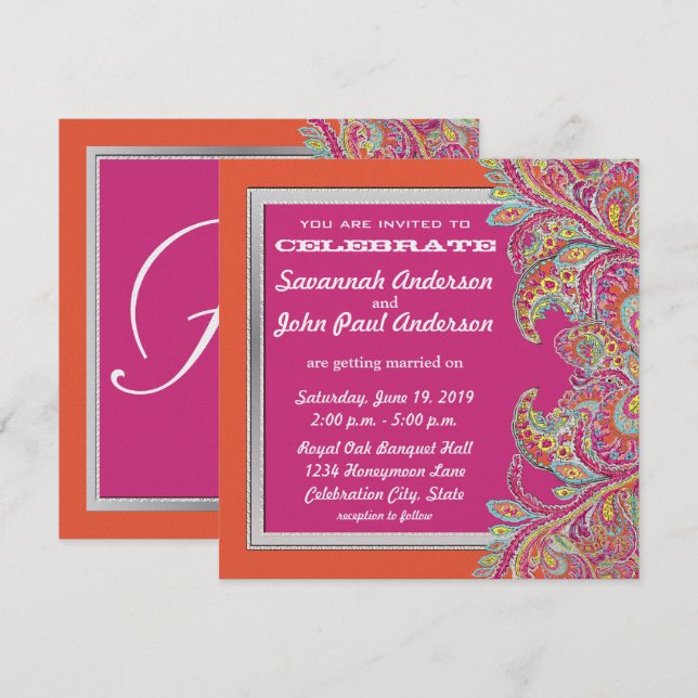 Coral and Pink Paisley Peacock Wedding Invitations (Front/Back)