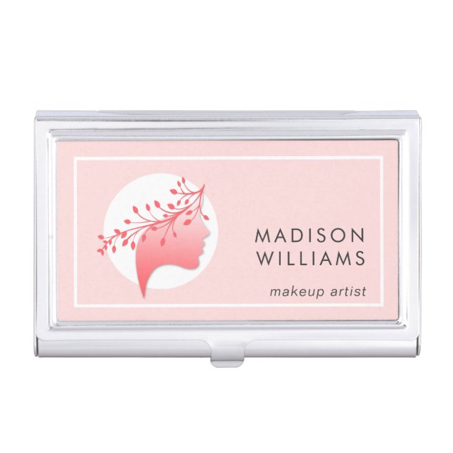 Coral and Pink Simple Woman Silhouette Business Card Case (Front)