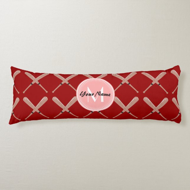 Coral and Red Baseball Bat Pattern Personalized Body Pillow (Front)