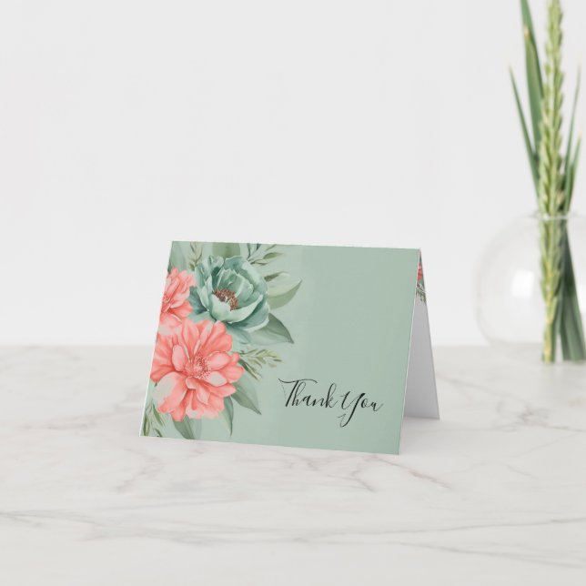 Coral and Sage - Romantic Wedding Thank You Card (Front)