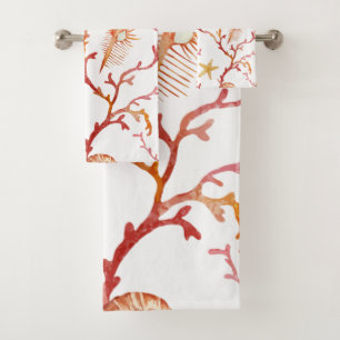 Coral and Seashell Bathroom Towel Set
