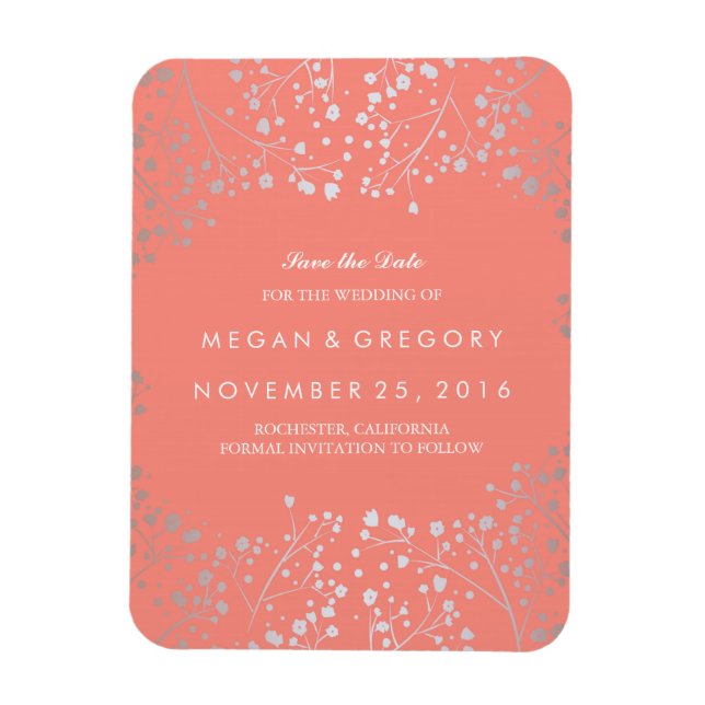 Coral and Silver Baby's Breath Save the Date Magnet (Vertical)