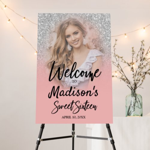 Coral and Silver Glitter Sweet 16 Welcome Sign