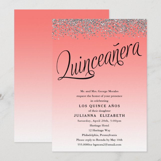 Coral and Silver Quinceanera Birthday Invitation (Front/Back)