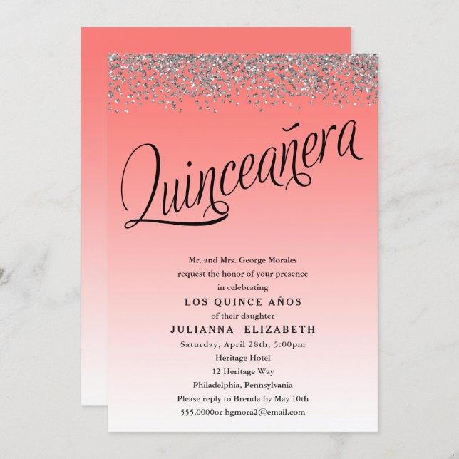Coral and Silver Quinceanera Birthday Invitation (Front/Back)