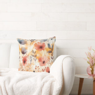 Coral and Smoky Blue Modern Art Flowers Throw Pillow