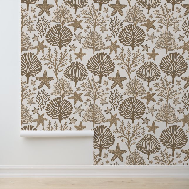 Coral and starfish neutral tone pattern wallpaper  (Application)