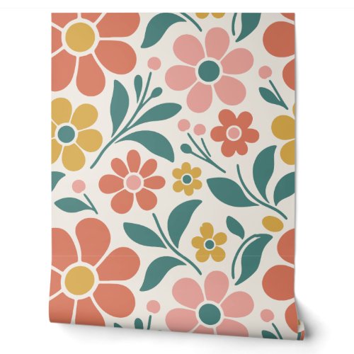 Coral and Teal 70s Boho Floral Wallpaper