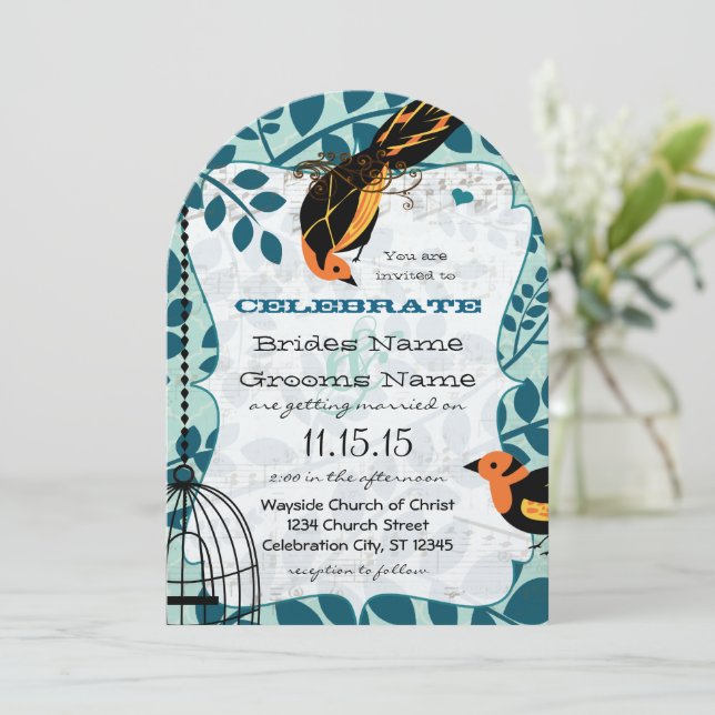 Coral and Teal Art Deco Inspired Birds Invitation (Standing Front)