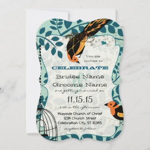 Coral and Teal Art Deco Inspired Birds Invitation