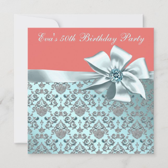 Coral and Teal Blue Damask 50th Birthday Party Invitation (Front)