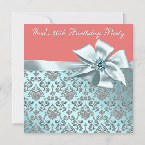 Coral and Teal Blue Damask 50th Birthday Party Invitation