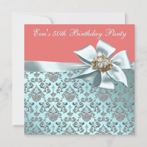 Coral and Teal Blue Damask 50th Birthday Party Invitation