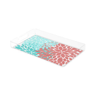 Coral and Teal Dahlia Pattern Makeup Vanity Tray