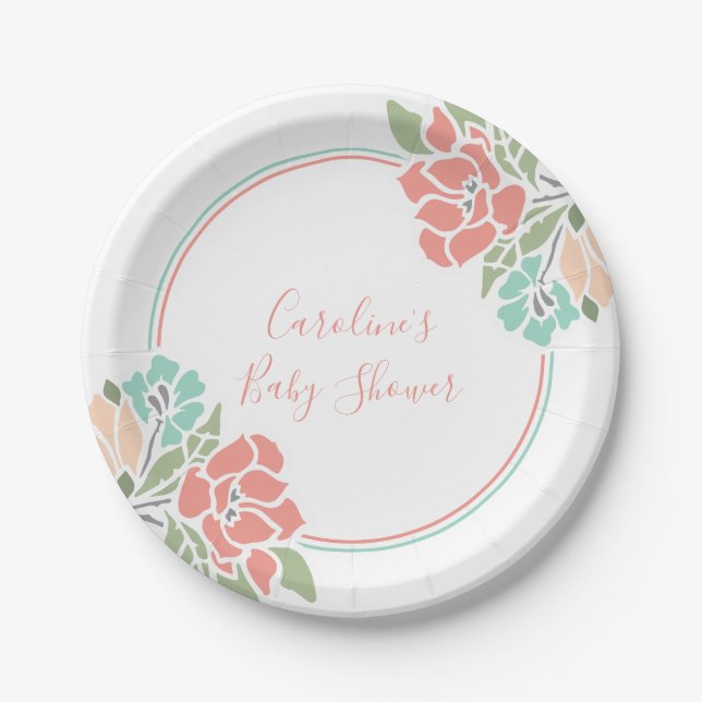Coral and Teal Floral Baby Shower Paper Plates (Front)