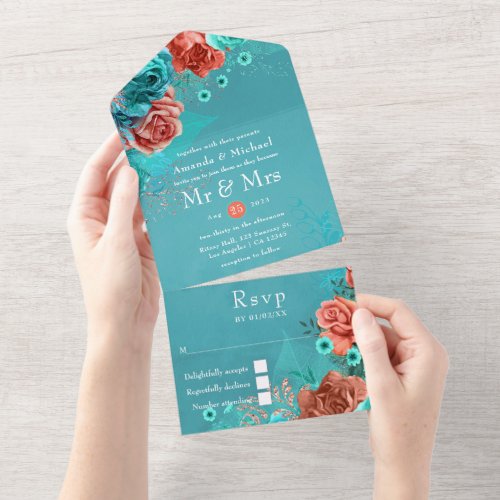 Coral and Teal Floral Wedding All In One Invitation