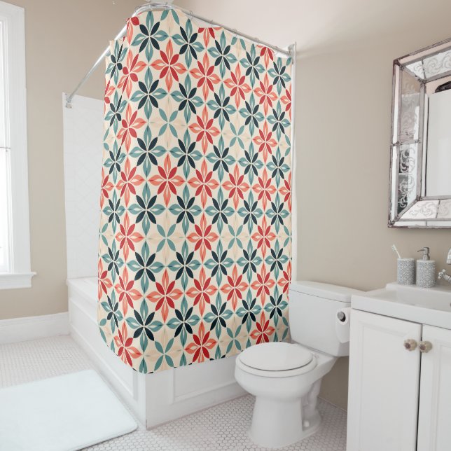 Coral and Teal Geometric Shower Curtain (In Situ)