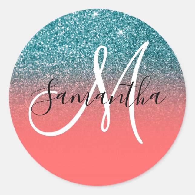 Coral and Teal Glitter Gradient Monogram Classic Round Sticker (Front)