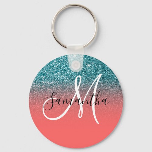 Coral and Teal Glitter Gradient Monogrammed Keychain