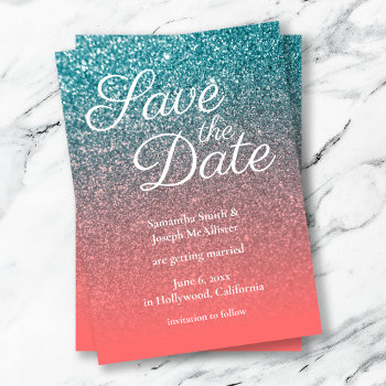 Coral And Teal Ombre Glitter Save The Date Invitation by annaleeblysse at Zazzle