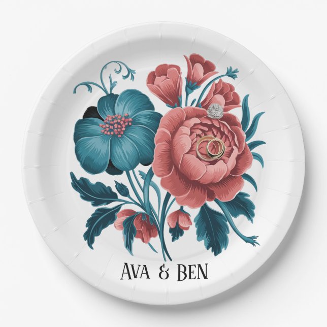 Coral and Teal Peonies Gold Bouquet Wedding Rings Paper Plates (Front)