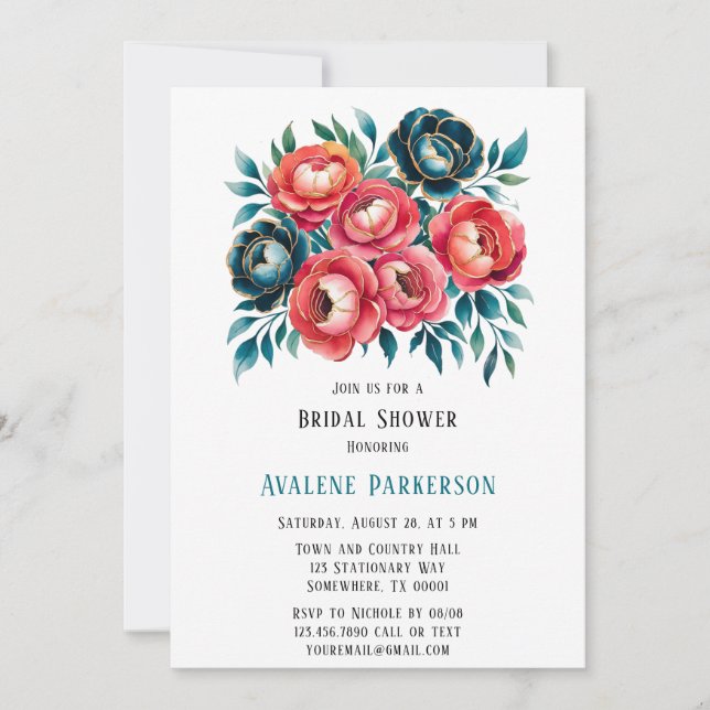 Coral and Teal Peonies Gold Bridal Shower Invitation (Front)