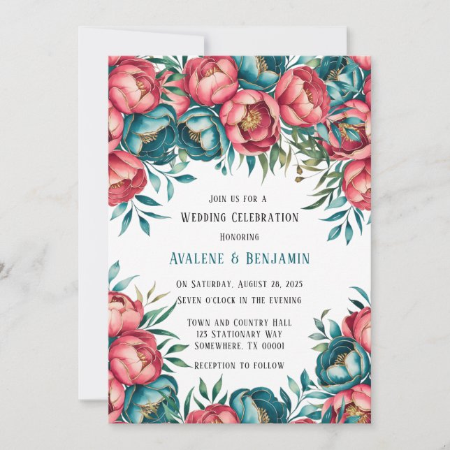 Coral and Teal Peonies Gold Wedding Invitation (Front)