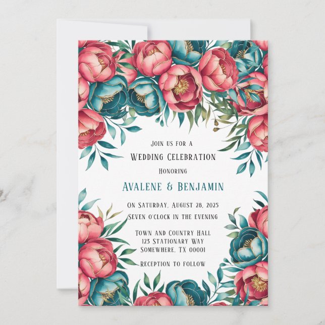 Coral and Teal Peonies Gold Wedding Invitation (Front)